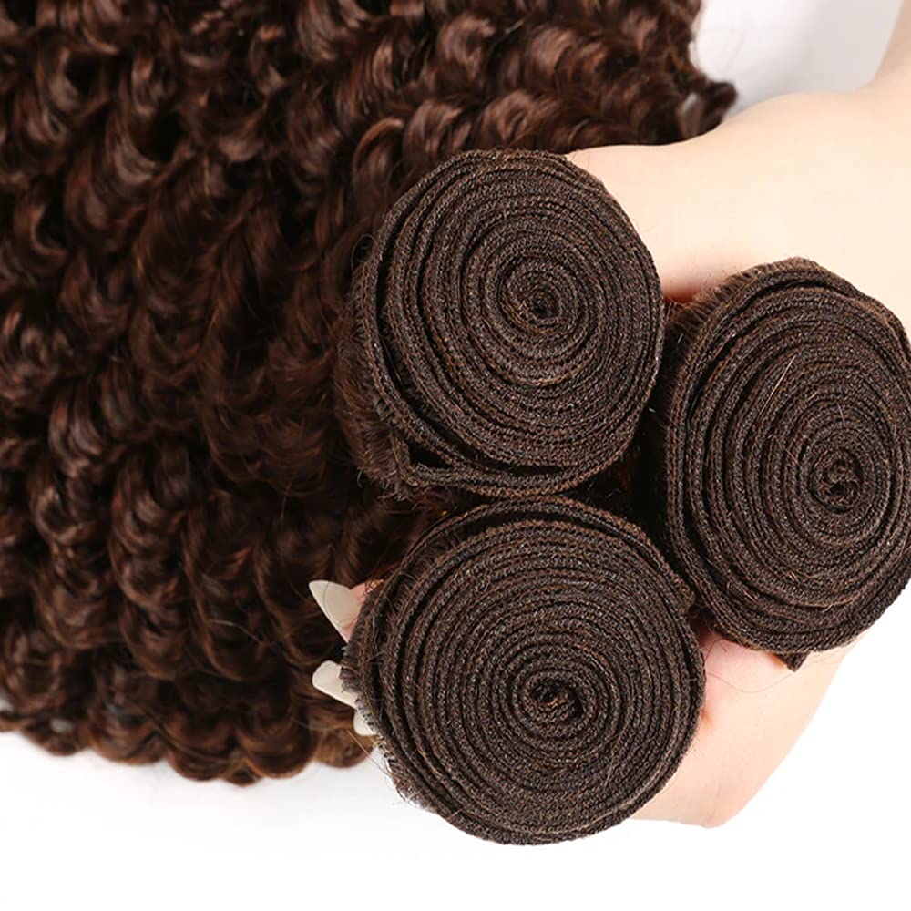#4 Human Hair Kinky Curly Bundles Dark Brown Curly Weave Human Hair Bundles Double Weft Brazilian Remy Hair Extensions Wet and Wavy Bundles Silky Soft for Black Women(24 24 24 Inch 3 Bundles)
