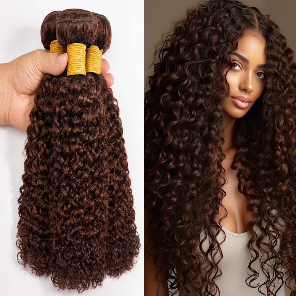 #4 Human Hair Kinky Curly Bundles Dark Brown Curly Weave Human Hair Bundles Double Weft Brazilian Remy Hair Extensions Wet and Wavy Bundles Silky Soft for Black Women(24 24 24 Inch 3 Bundles)