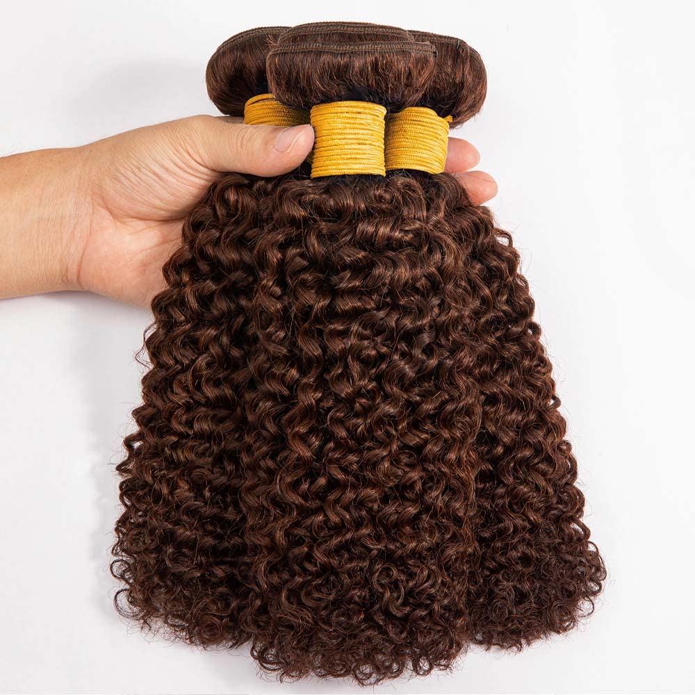 #4 Human Hair Kinky Curly Bundles Dark Brown Curly Weave Human Hair Bundles Double Weft Brazilian Remy Hair Extensions Wet and Wavy Bundles Silky Soft for Black Women(24 24 24 Inch 3 Bundles)